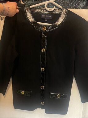 Jones New York Black Jacket with Glossy Trim and Gold Buttons